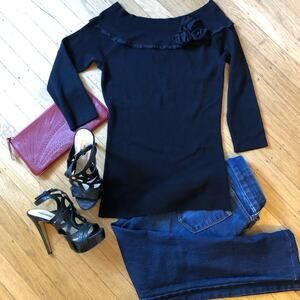 NWT WHBM Off the shoulder black sweater with flowers. Size S